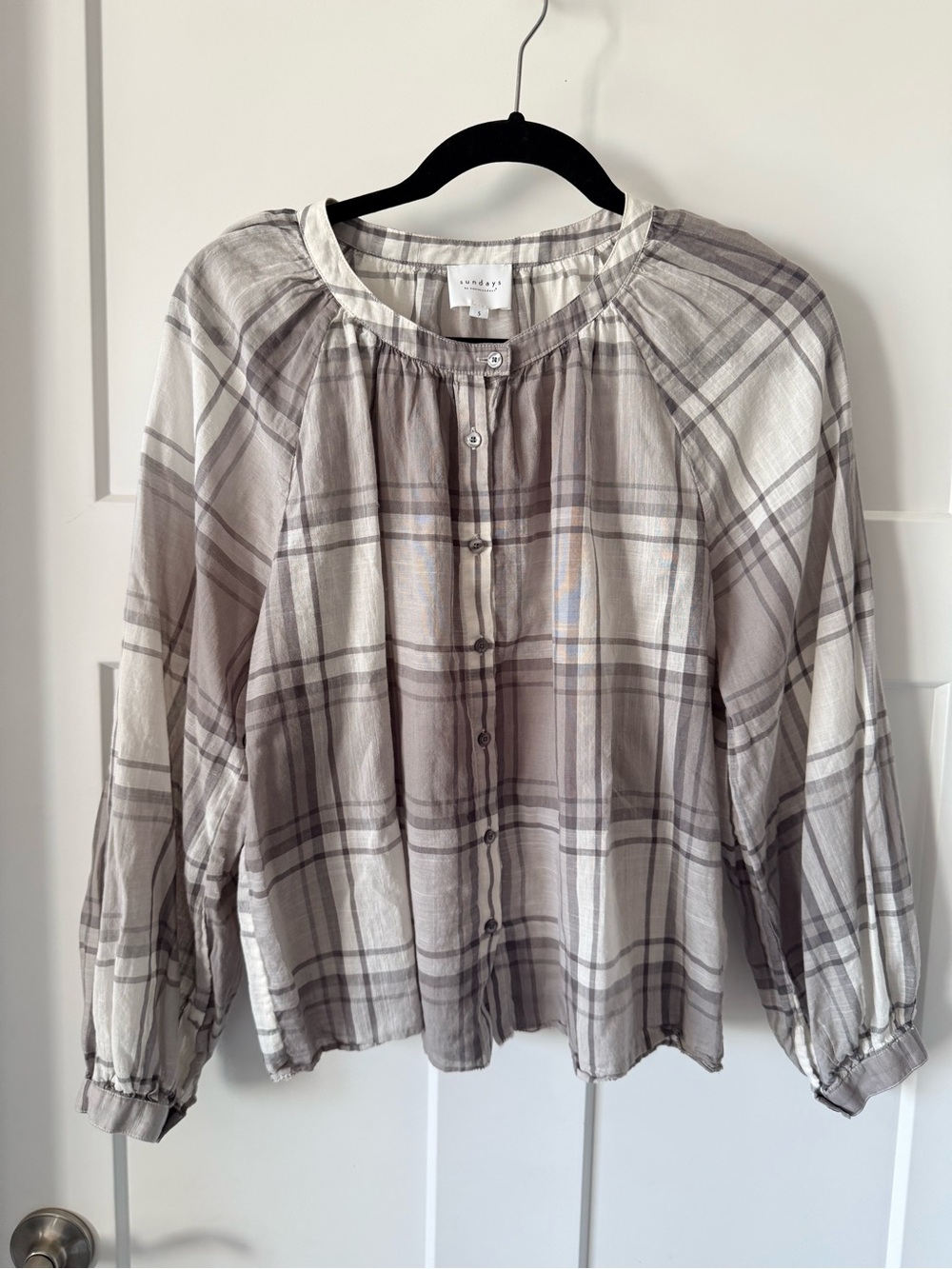 Sundays Runa Plaid Button-Front Peasant Blouse 100% Cotton Size Small